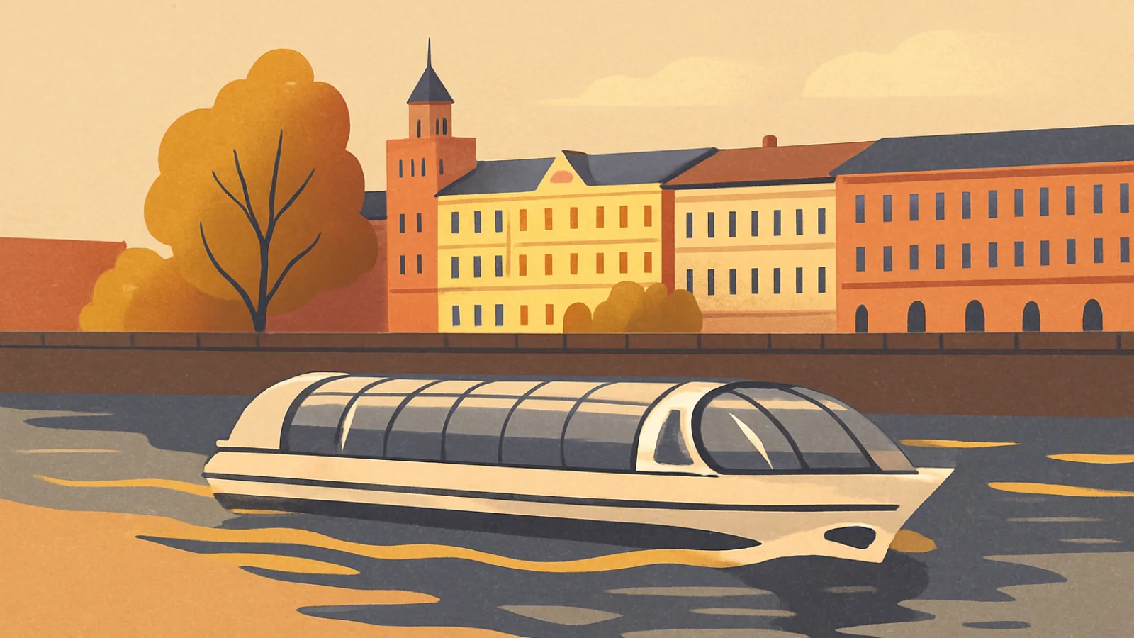 Прогулочный теплоход с панорамным остеклением на Москве-реке на фоне городской набережной