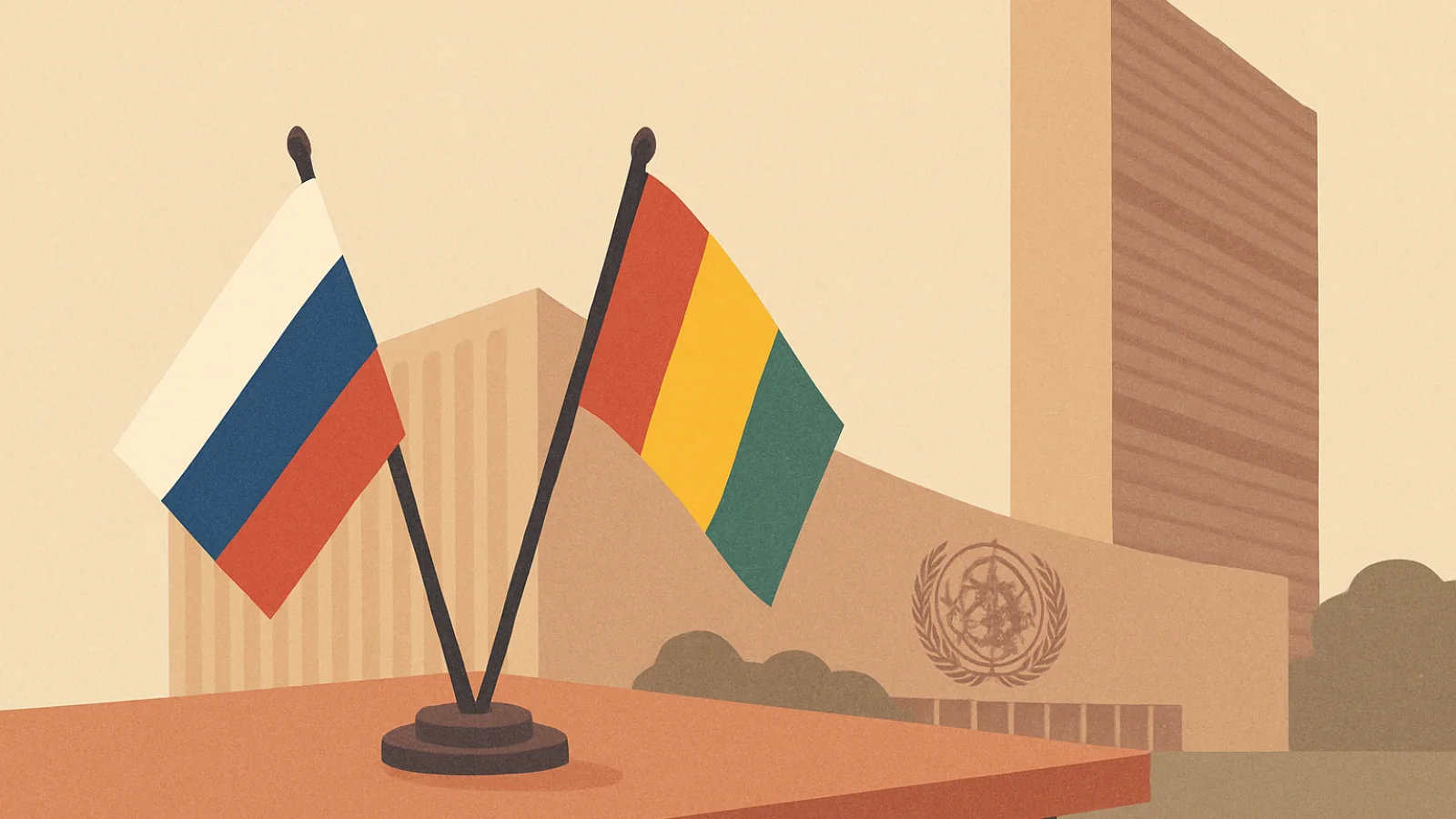 Флаги России и Сенегала на фоне здания ООН