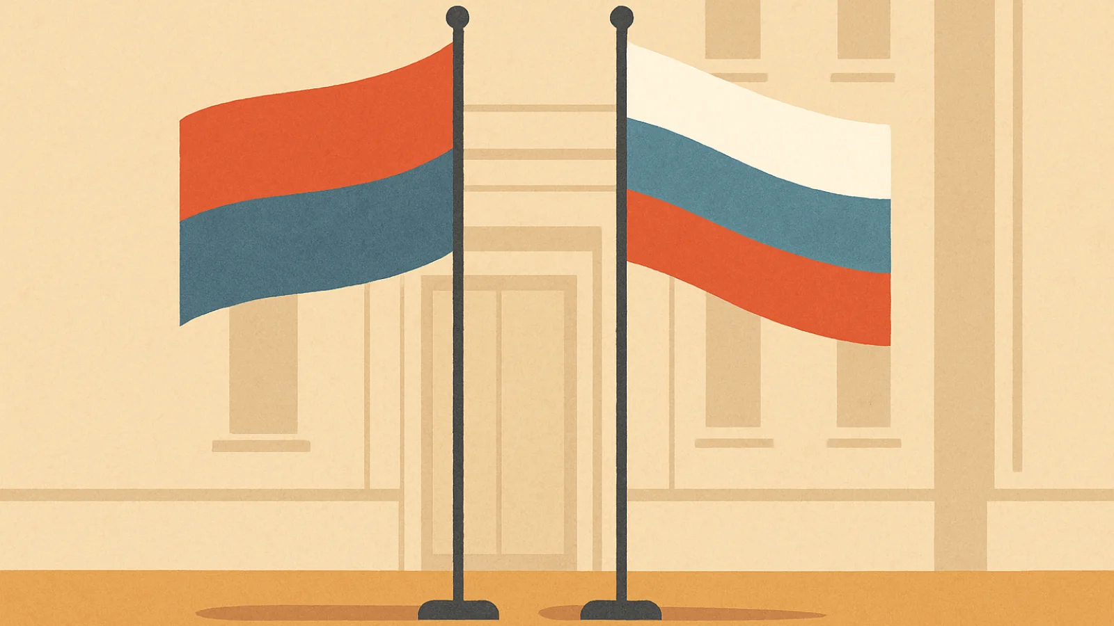 Символическое изображение дипломатической встречи России и Сербии на фоне здания ООН