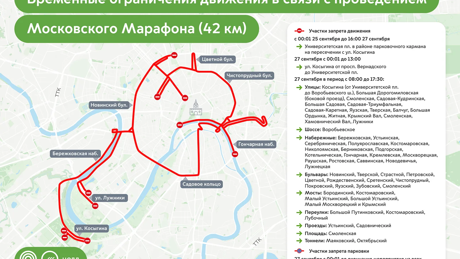 Схема перекрытия улиц в центре Москвы во время проведения марафона